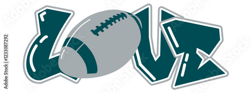 love - silver and midnight Green football player helmet, sport vector graphics, hockey, for street art - graffiti lettering typography - art illustration - multicolor - writen	