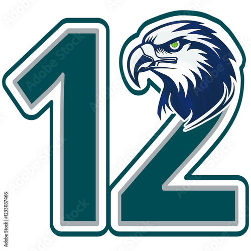 Numero 12 con aquila in argento e verde notte. Design vettoriale calcistico deciso con tipografia graffiti, stile street art, illustrazione sportiva multicolore per amanti dell’arte moderna.