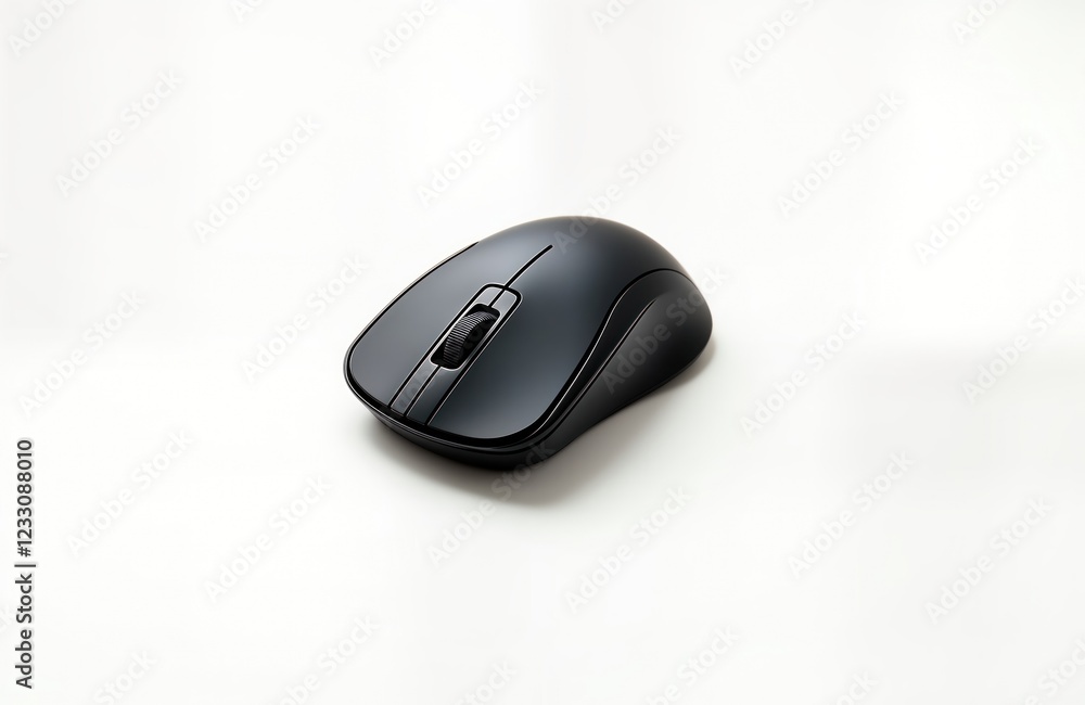 Black wireless computer mouse on white background. Modern tech device. Simple, clean design. Modern tech item. Essential hardware component. Input device for computers. Versatile tool for daily Black wireless computer mouse on white background. Modern tech device. Simple, clean design. Modern tech item. Essential hardware component. Input device for computers. Versatile tool for daily