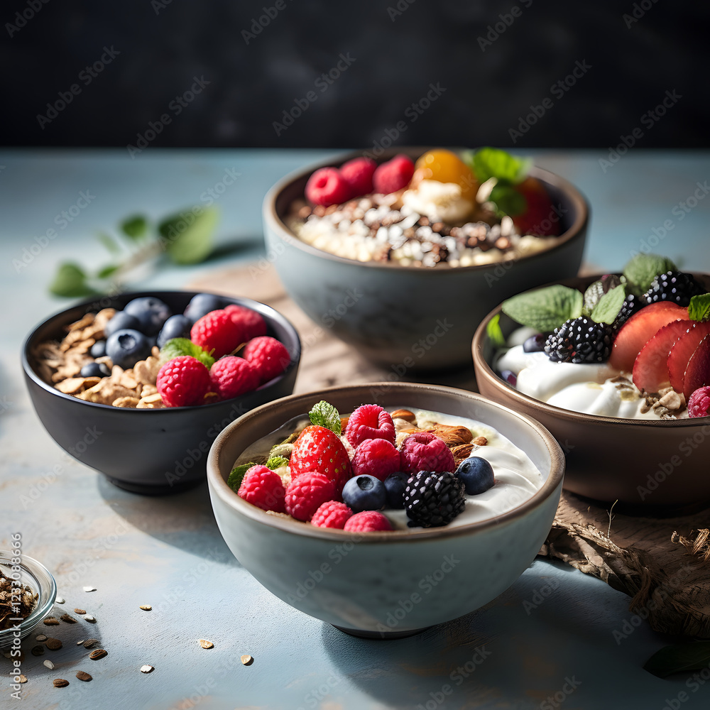 breakfast bowl of yogurt with fresh fruits, nuts, and seeds. The bowl contains blueberries, raspberries, strawberries, almonds, chia seeds, pumpkin seeds, granola. bowl on rustic background. breakfast bowl of yogurt with fresh fruits, nuts, and seeds. The bowl contains blueberries, raspberries, strawberries, almonds, chia seeds, pumpkin seeds, granola. bowl on rustic background.