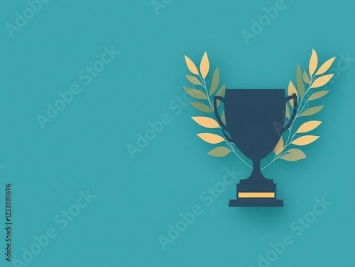 Stylish award trophy with laurel leaves on a bright teal background, representing achievement, success, and recognition in competitions and events photo