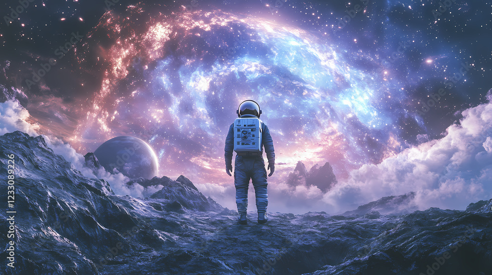 An astronaut standing on an alien moon, a massive galaxy arching across the sky, soft cinematic lighting illuminating the rugged landscape and reflective visor, hd quality,. Stellar Arch. Illustration An astronaut standing on an alien moon, a massive galaxy arching across the sky, soft cinematic lighting illuminating the rugged landscape and reflective visor, hd quality,. Stellar Arch. Illustration