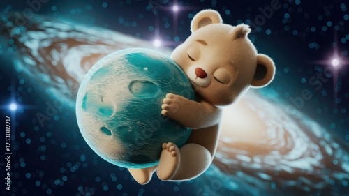 Wallpaper Mural A cute, cuddly teddy bear sleeps peacefully while hugging a teal planet in a cosmic galaxy. Torontodigital.ca