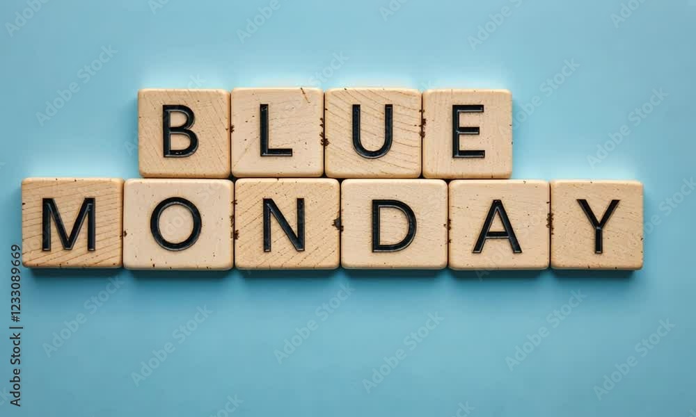 Wooden Letter Tiles Spelling 'BLUE MONDAY' on Light Blue Background, Capturing the Expression with Wooden Letter Tiles and Calm Background, Perfect for Illustrating the Term 'Blue Monday Wooden Letter Tiles Spelling 'BLUE MONDAY' on Light Blue Background, Capturing the Expression with Wooden Letter Tiles and Calm Background, Perfect for Illustrating the Term 'Blue Monday
