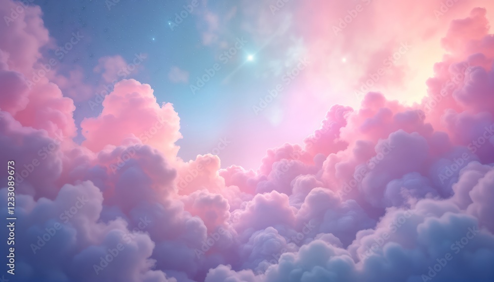 Pastel pink, purple clouds fill sky. Soft colors create dreamy effect. No people objects visible. Image evokes sense of magic, fantasy. Artistic illustration ideal for wallpapers, backgrounds, Pastel pink, purple clouds fill sky. Soft colors create dreamy effect. No people objects visible. Image evokes sense of magic, fantasy. Artistic illustration ideal for wallpapers, backgrounds,