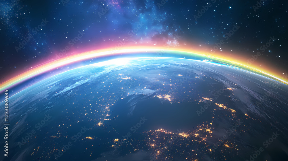 Fototapeta premium Celestial rainbow arching over earth's night lights a stunning digital art creation. Stellar Arch. Illustration