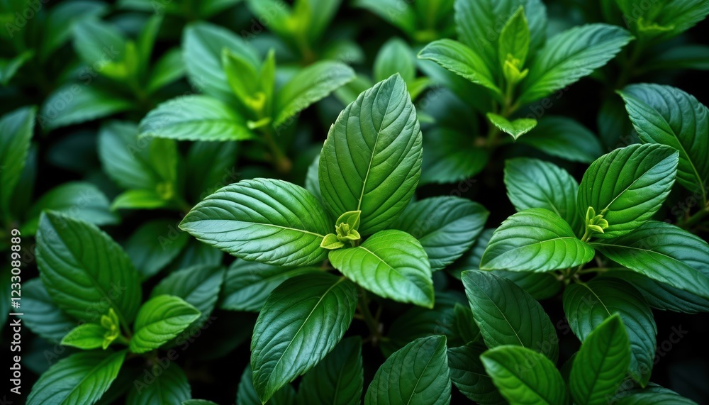 Close-up view rich green foliage. Vibrant dark green leaves create natural background. Healthy growth pattern suggests thriving garden. Fresh greenery ideal for eco-friendly design. Summer spring Close-up view rich green foliage. Vibrant dark green leaves create natural background. Healthy growth pattern suggests thriving garden. Fresh greenery ideal for eco-friendly design. Summer spring