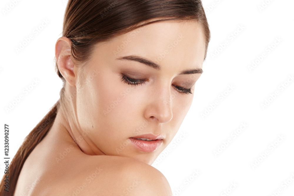 Beauty, studio or shoulder of woman with skincare, natural shine or healthy glow on white background. Soft, girl or face of female model with body cosmetics, dermatology treatment results or wellness Beauty, studio or shoulder of woman with skincare, natural shine or healthy glow on white background. Soft, girl or face of female model with body cosmetics, dermatology treatment results or wellness