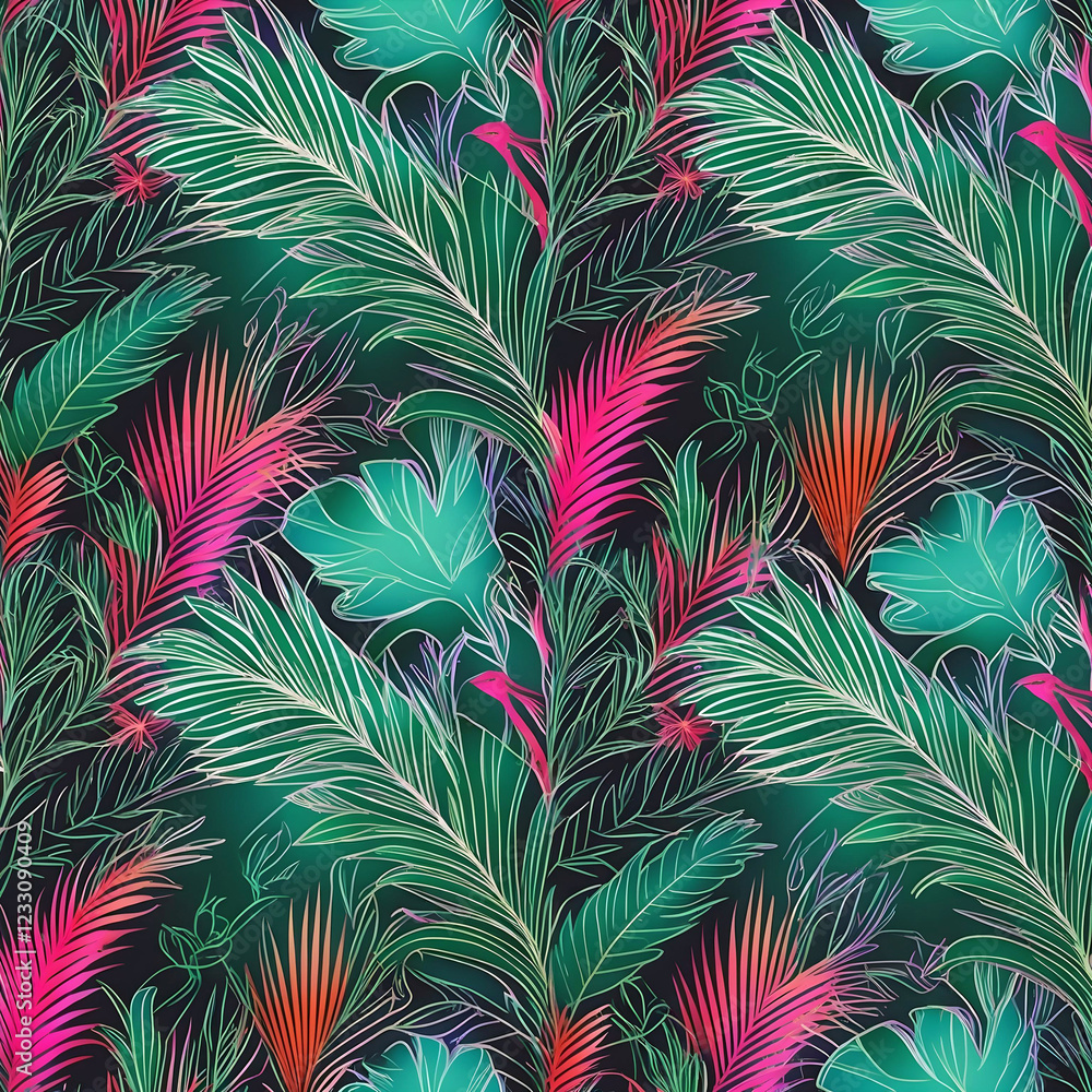 Fototapeta premium Exotic floral abstract pattern with tropical jungle-inspired vibrant colors