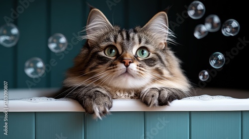 Fluffy gray and white Siberian cat enjoys bubbles in a small toy bathtub photo