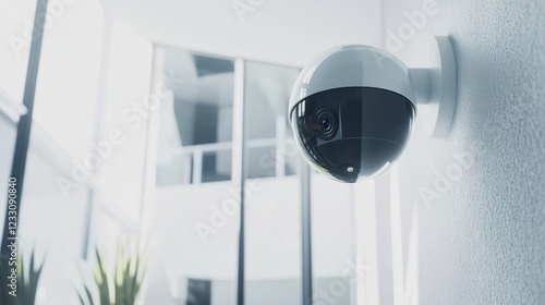 An advanced smart security camera system installed in a modern, minimalist setting, featuring a sleek design and high-resolution capabilities