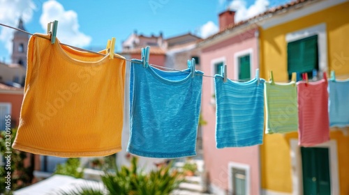 Fototapeta Naklejka Na Ścianę i Meble -  Colorful clothes drying on clothesline, colorful houses background, summer travel