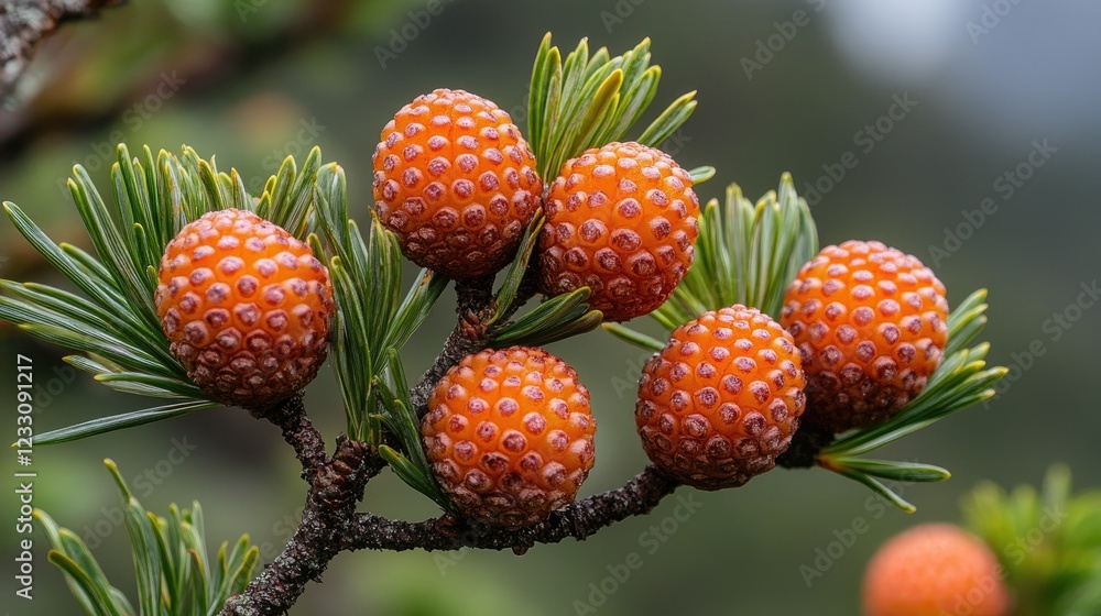 Orange Cones Cluster on Pine Branch Green Needles Orange Cones Cluster on Pine Branch Green Needles