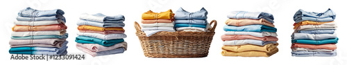 Clothes and a wicker basket filled with clean laundry cloth, apparel fabric, and a freshly laundered textile pile are isolated on a transparent background.