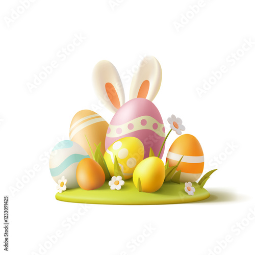 Bunny ears, Easter eggs, grass, daisies, 3D. Beautiful bright image for advertising concepts of Easter celebration. Scene on white background. Vector
