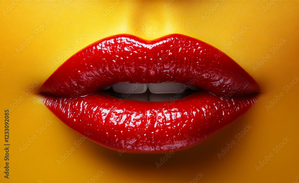 Fototapeta premium Red lips on a bright yellow backdrop. Glossy red lips stand out against a bright yellow backdrop, creating a captivating visual contrast.