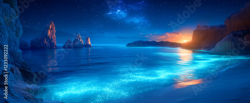 Wallpaper Mural Ethereal coastline under a starry sky. Waves glisten with blue light as the sun sets behind rocky formations and stars fill the clear night sky. Torontodigital.ca