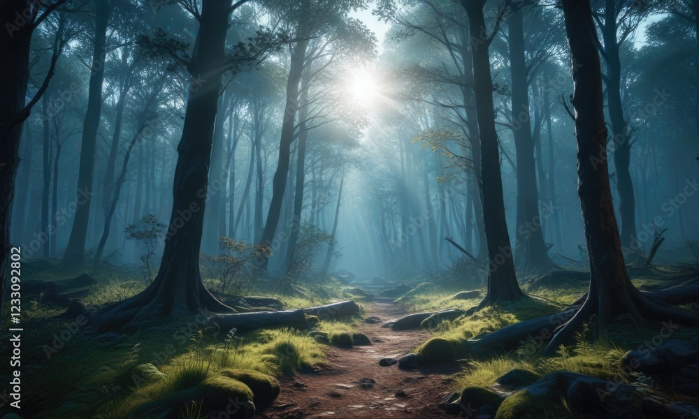 Fototapeta premium Dark forest with sunlight filtering through the trees in a blue hue, shadowy glades, mystical scene