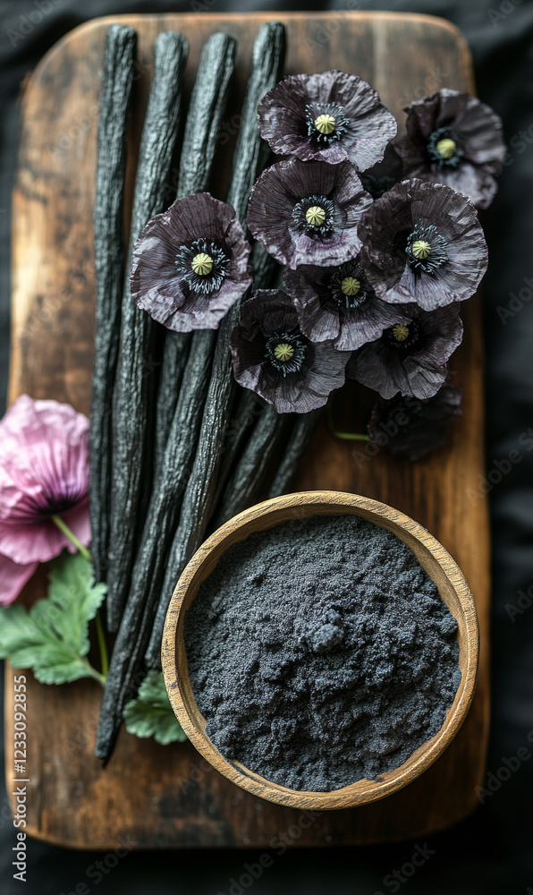 Dark flowers and black powder. Dark flowers arranged with black sticks and fine black powder in a bowl on a wooden board create a striking composition. Dark flowers and black powder. Dark flowers arranged with black sticks and fine black powder in a bowl on a wooden board create a striking composition.