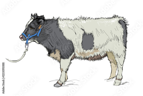 Illustration of cute little Breton calf in Douarnenez coastal park. Domestic animals. Isolated drawing for encyclopedia. Hand drawn vector sketch.