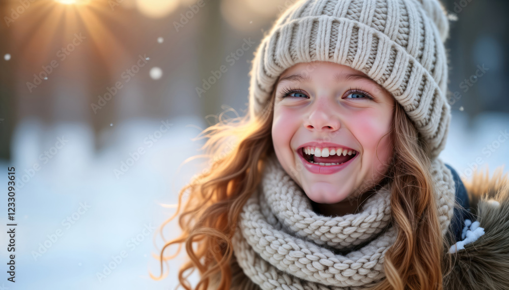 Young girl enjoys winter wonderland. Wears knit hat, scarf. Joyful expression shows winter fun. Snow sparkles around. Outdoor portrait in snowy landscape. Winter scene captures happy childhood. Young girl enjoys winter wonderland. Wears knit hat, scarf. Joyful expression shows winter fun. Snow sparkles around. Outdoor portrait in snowy landscape. Winter scene captures happy childhood.