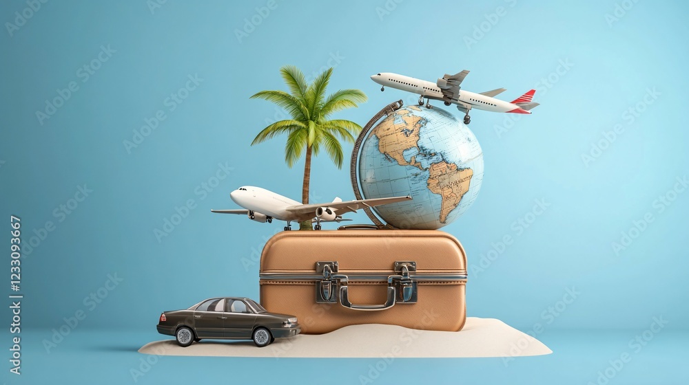 Fototapeta premium Travel Suitcase With Globe Planes And Palm Tree