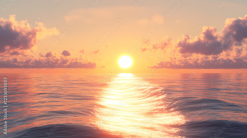 A majestic sunrise over the ocean, with the sun casting a golden path across the water and the sky glowing with soft colors. Sunset Path. Illustration A majestic sunrise over the ocean, with the sun casting a golden path across the water and the sky glowing with soft colors. Sunset Path. Illustration