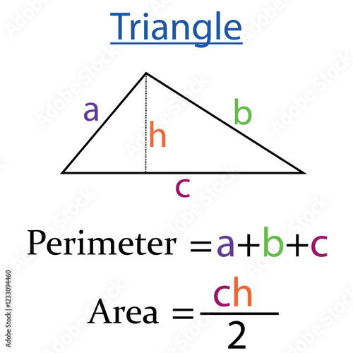 Perimeter and area of triangle in math. shapes in geometry. Vector illustration.