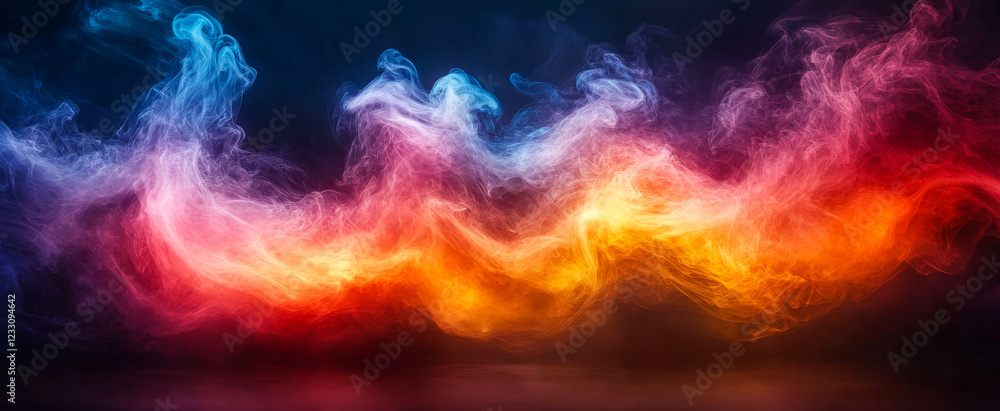 Fototapeta premium Artistic colorful smoke swirls. Vibrant smoke in red, blue, and yellow hues creates a dynamic abstract display in a dark setting.