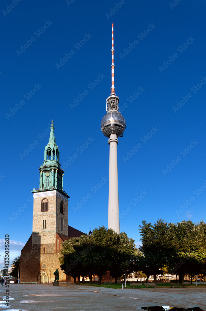 Obraz premium Berliner Fernsehturm und St. Marienkirche, Berlin Mitte
