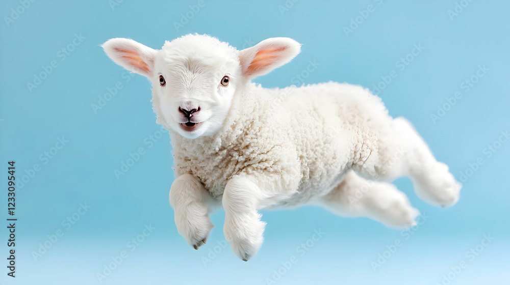 Fototapeta premium Lamb leaping, blue background, spring, Easter