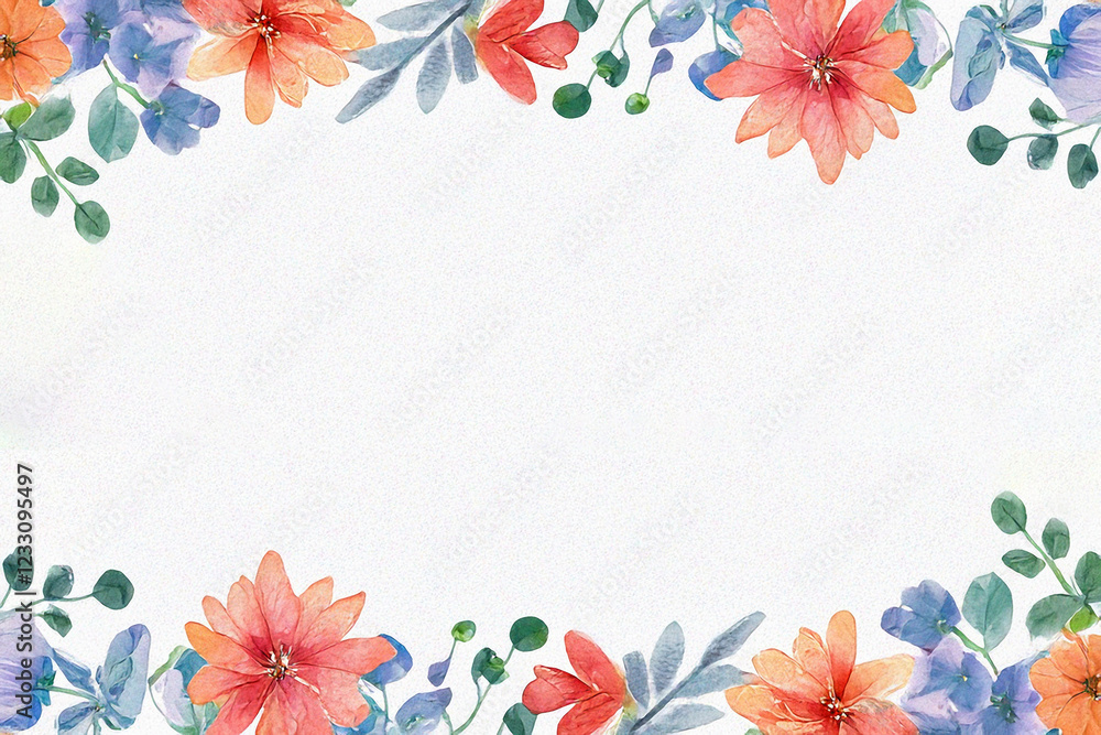 Obraz premium Watercolour floral boarder frame, watercolour illustration, illustration, floral design, flowers, frame, spring, blossom, petal, leaf, plant, invitation, letter, paper, art, decoration, leafs, 