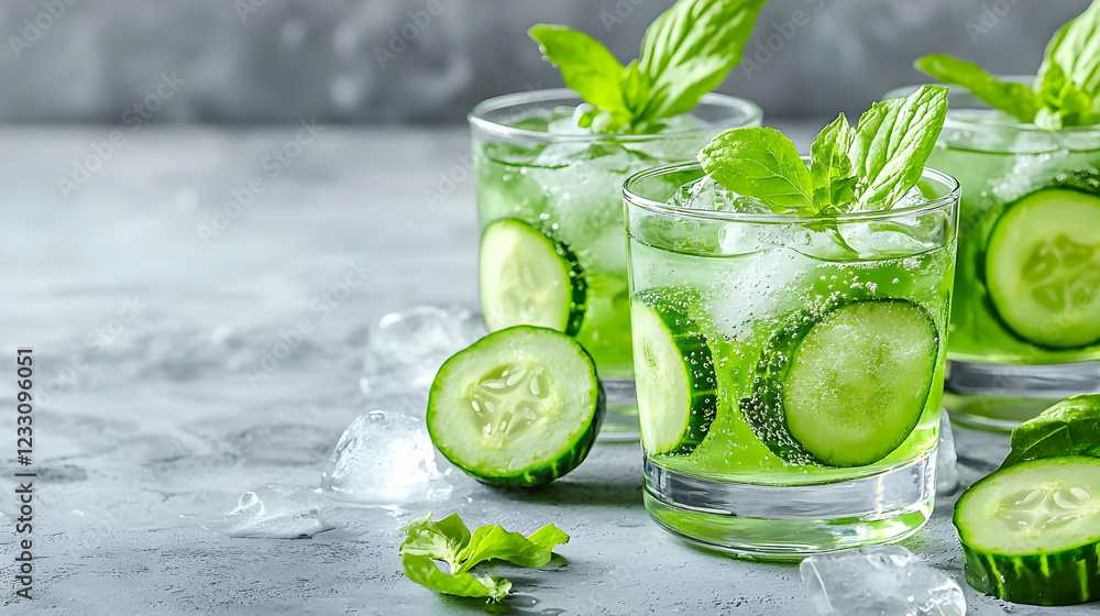 Refreshing cucumber basil drinks on grey surface