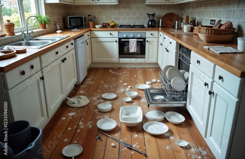 Messy kitchen scene shows dirty dishes scattered on floor, dishwasher. Flour everywhere indicating recent baking cooking activity gone wrong. Utensils, crockery also disordered. Untidy kitchen shows photo