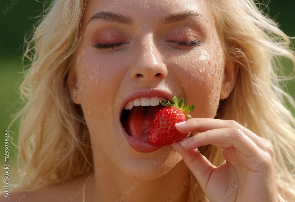 Woman enjoying ripe strawberries in a lush garden during sunny weather Woman enjoying ripe strawberries in a lush garden during sunny weather