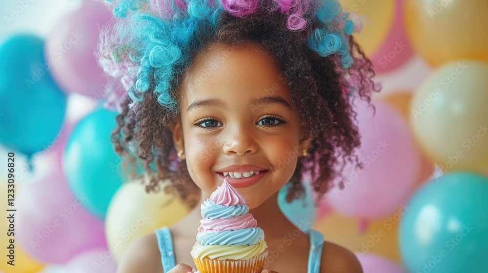 Joyful Girl with Colorful Hair Enjoying Birthday Cupcake at Party Joyful Girl with Colorful Hair Enjoying Birthday Cupcake at Party