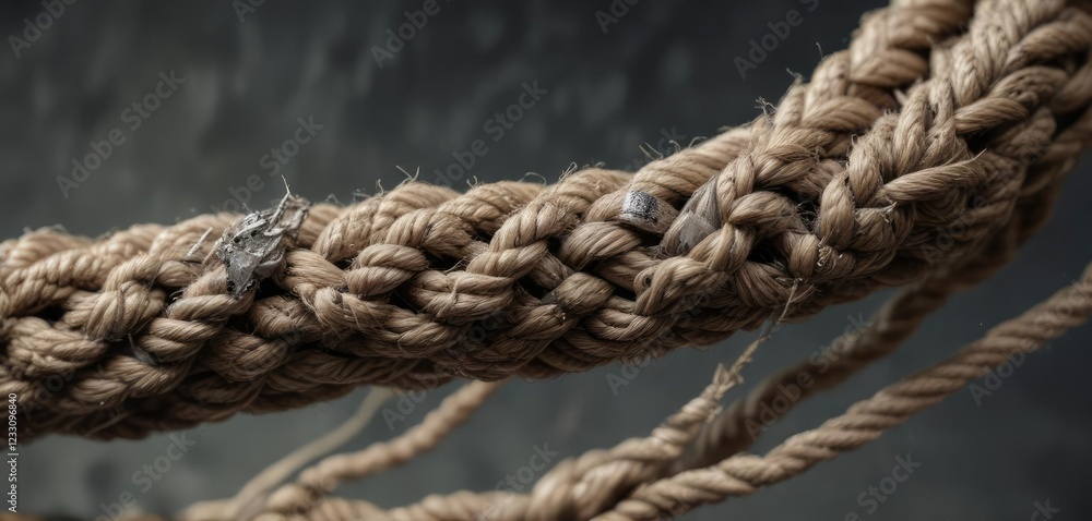 Detail of a fraying rope with exposed threads and metallic fragments, fiber optics texture, broken rope fragments, rope details Detail of a fraying rope with exposed threads and metallic fragments, fiber optics texture, broken rope fragments, rope details