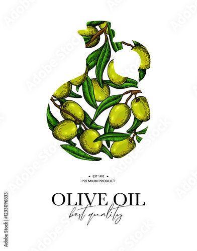 Olive oil label template. Olive leaves and branches vector drawing. Hand drawn sketch with bottle.