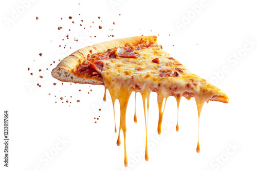 Pepperoni Pizza Slice isolated. A hot and cheesy pepperoni pizza slice with melted mozzarella and dripping sauce, creating a mouthwatering visual. AI generated..