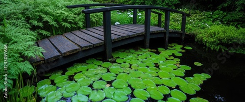 Wooden bridge over pond, lush garden, serene nature. Zen garden design