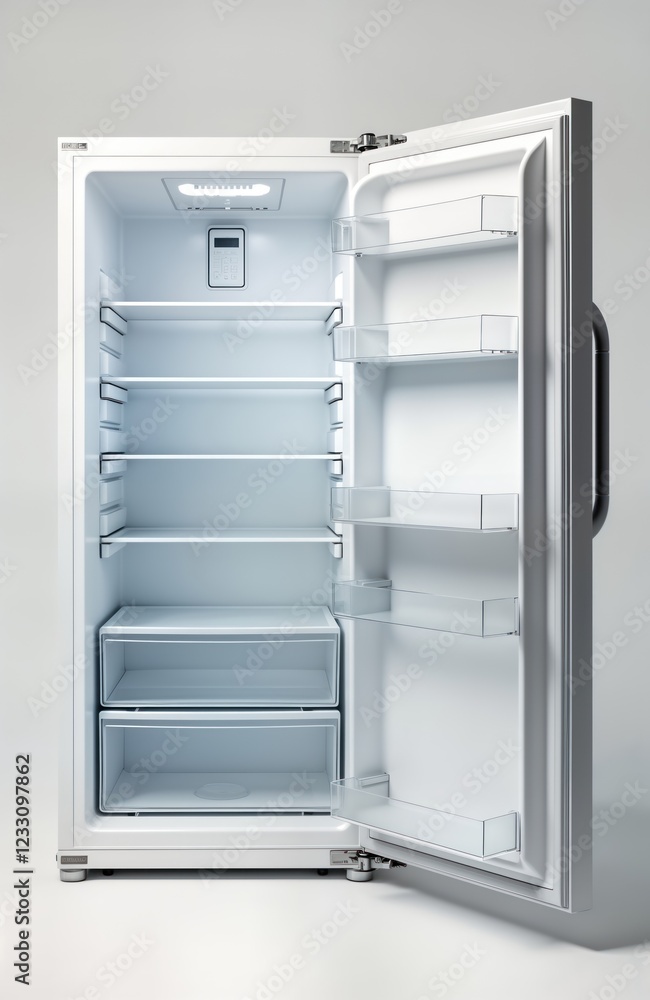 Empty white refrigerator with door open. Interior clean, displays multiple shelves, drawers. Modern appliance. Great for new tech appliances interior design. Pro studio shot. Excellent for home Empty white refrigerator with door open. Interior clean, displays multiple shelves, drawers. Modern appliance. Great for new tech appliances interior design. Pro studio shot. Excellent for home