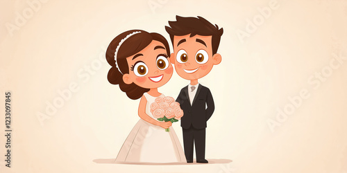 Happy wedding day! Cartoon bride and groom, a illustration of a happy young couple in love getting married