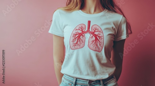 Embroidered lungs design on white T-shirt promoting health awareness and equality photo