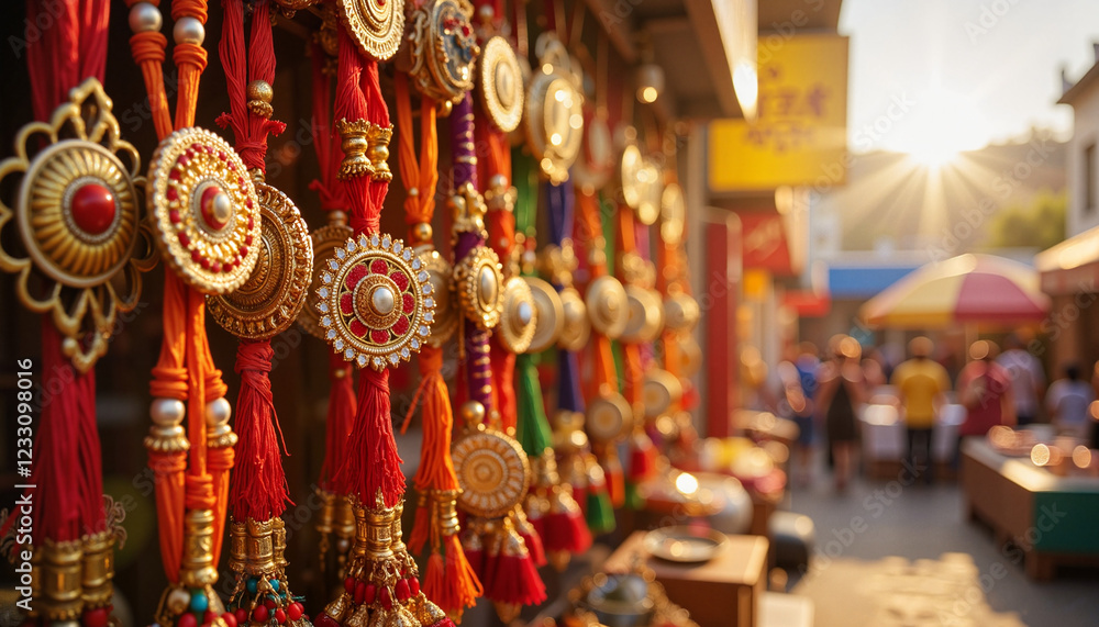 Naklejka premium Colorful rakhi designs on display at market stall, celebration of Raksha Bandhan