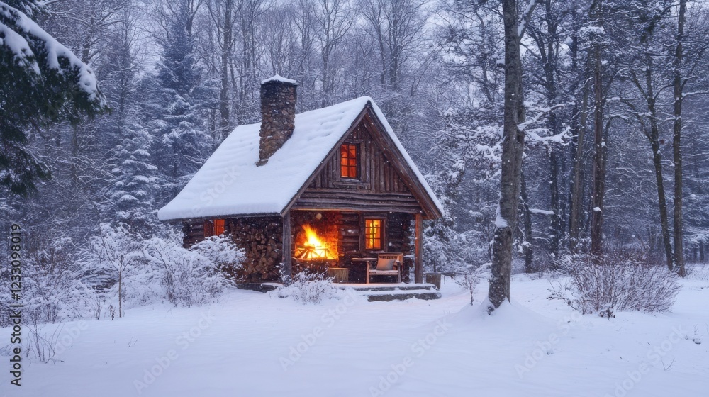 Rustic Cabin in the Snow with Warm, Glowing Fireplace and Snowy Landscape Outside Featuring a Cozy and Inviting Winter Retreat Ideal for Winter Vacation and Cabin Retreat Content Rustic Cabin in the Snow with Warm, Glowing Fireplace and Snowy Landscape Outside Featuring a Cozy and Inviting Winter Retreat Ideal for Winter Vacation and Cabin Retreat Content