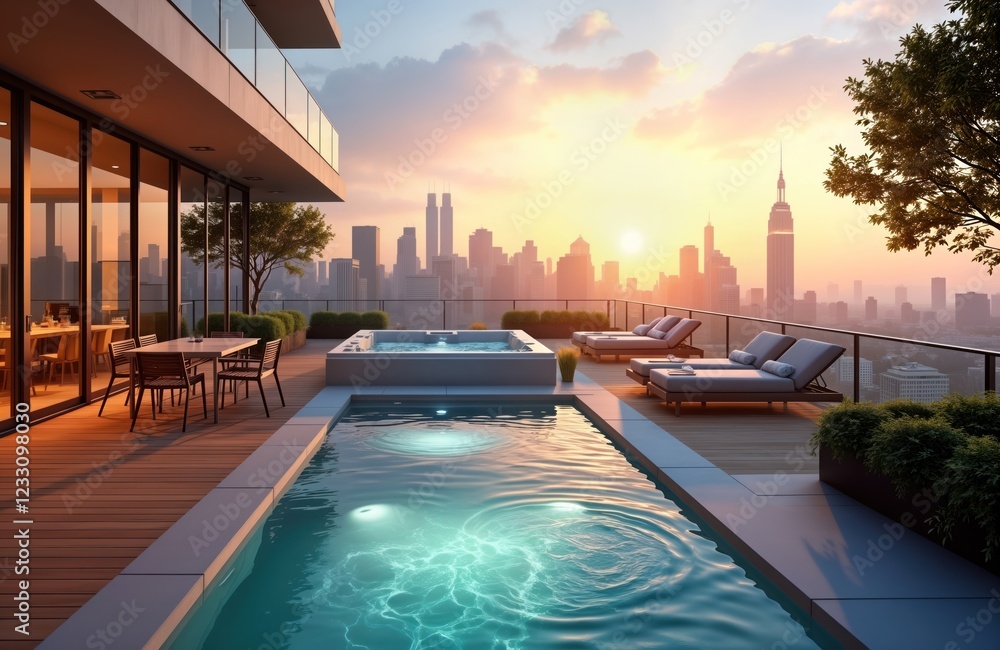 Private rooftop terrace with pool, hot tub offers breathtaking city skyline views. Relaxing sunbeds surround pool, hot tub area. Elegant outdoor dining area provides stylish setting. Luxury, vacation Private rooftop terrace with pool, hot tub offers breathtaking city skyline views. Relaxing sunbeds surround pool, hot tub area. Elegant outdoor dining area provides stylish setting. Luxury, vacation