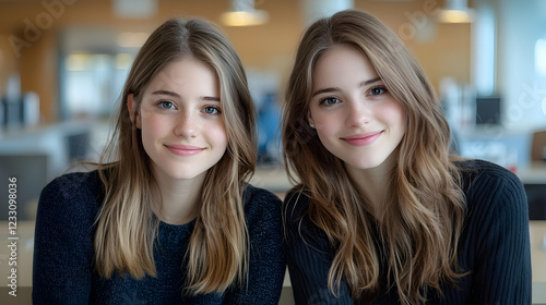 Wallpaper Mural Two smiling teenage girls, indoor office background, friendship portrait, website banner Torontodigital.ca