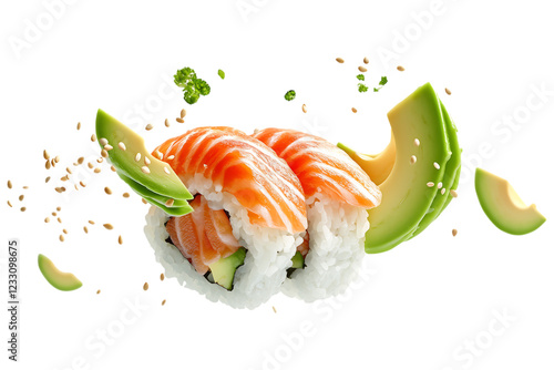 Salmon sushi rolls with avocado slices and sesame seeds, presented in a dynamic floating composition. Isolated. AI generated.  .