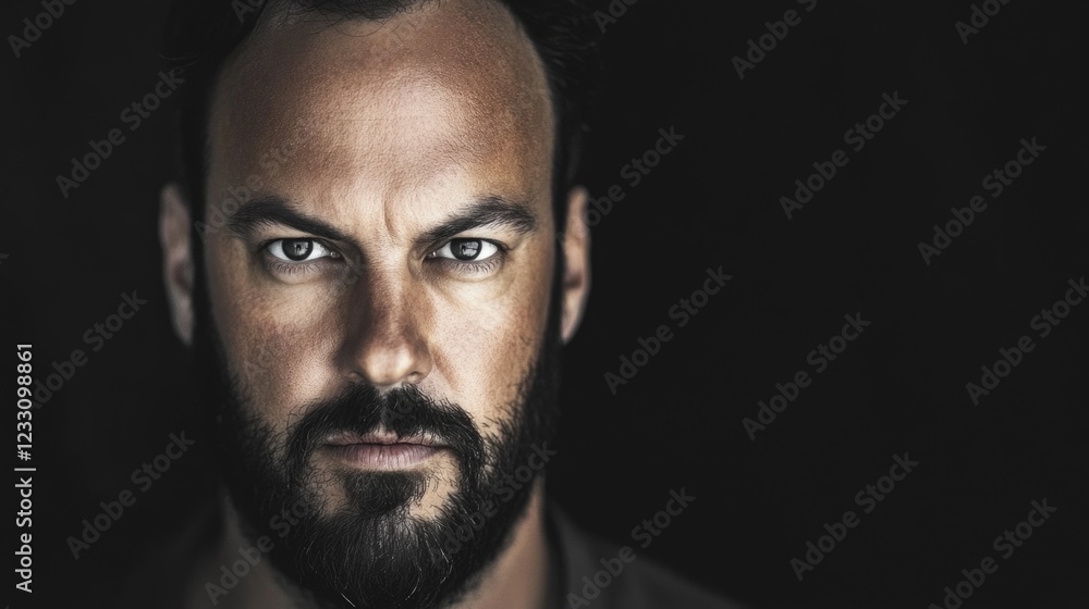 Intense expression of caucasian male adult with beard in dark atmosphere Intense expression of caucasian male adult with beard in dark atmosphere