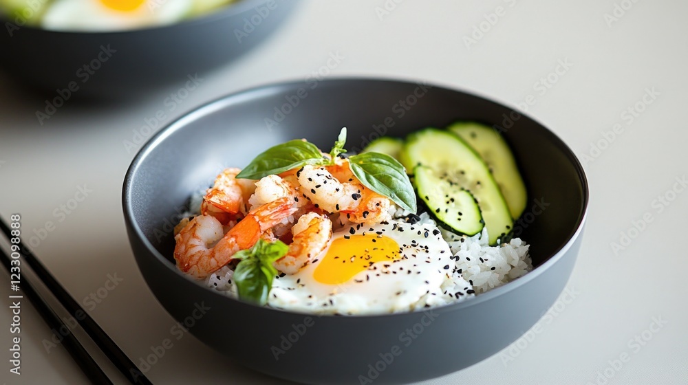 Shrimp and egg rice bowl with cucumber slices and basil garnish Shrimp and egg rice bowl with cucumber slices and basil garnish